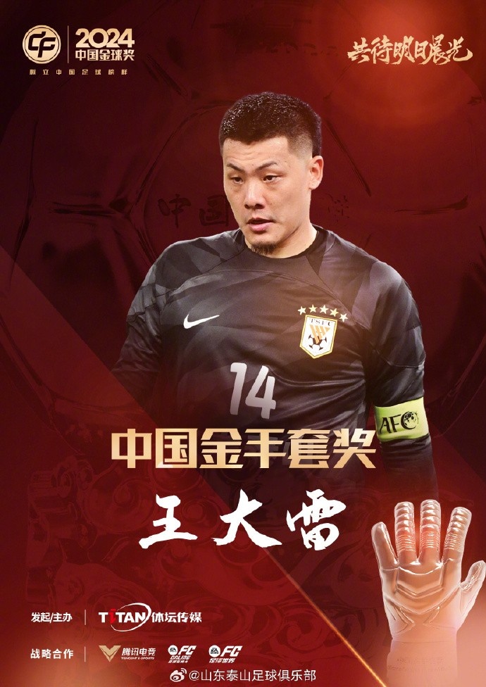  王大雷榮獲中國金手套獎(jiǎng)，謝文能入選中國金球獎(jiǎng)候選人前三名
