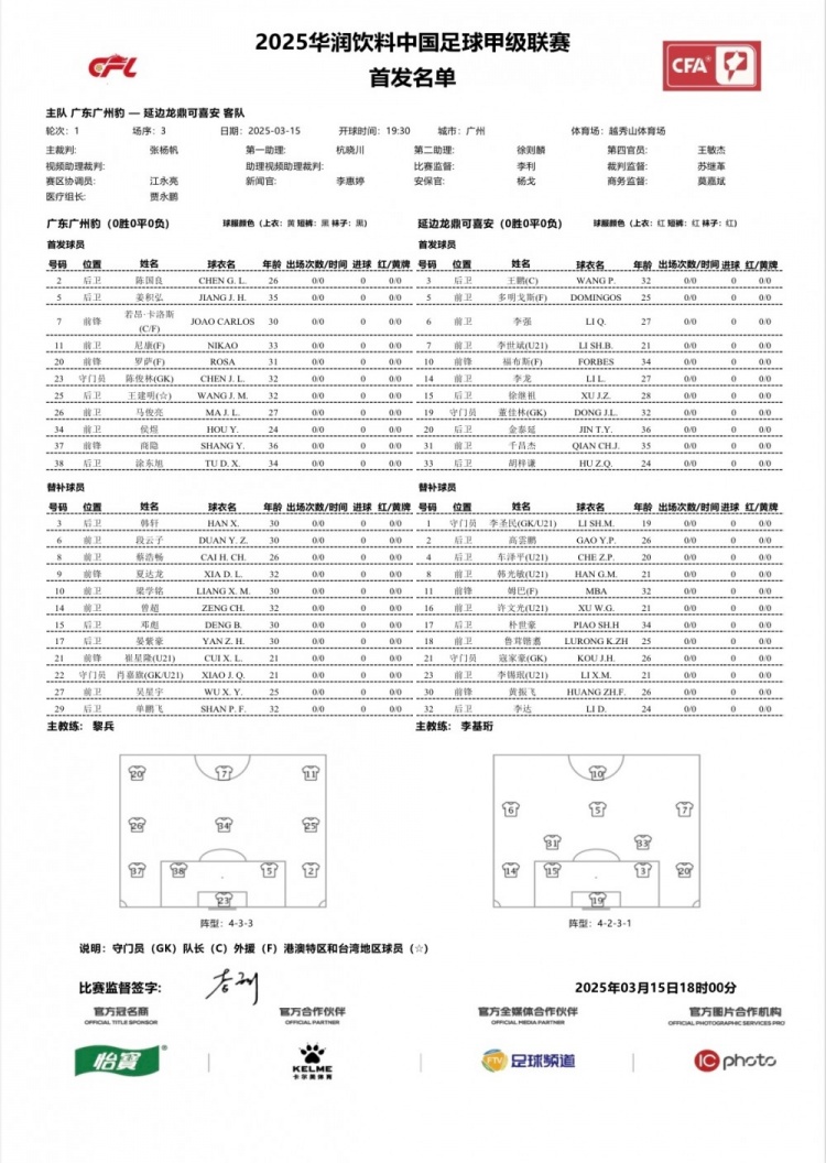  廣州豹vs延邊龍鼎首發(fā)：卡洛斯、羅薩、尼康三外援領銜廣州豹