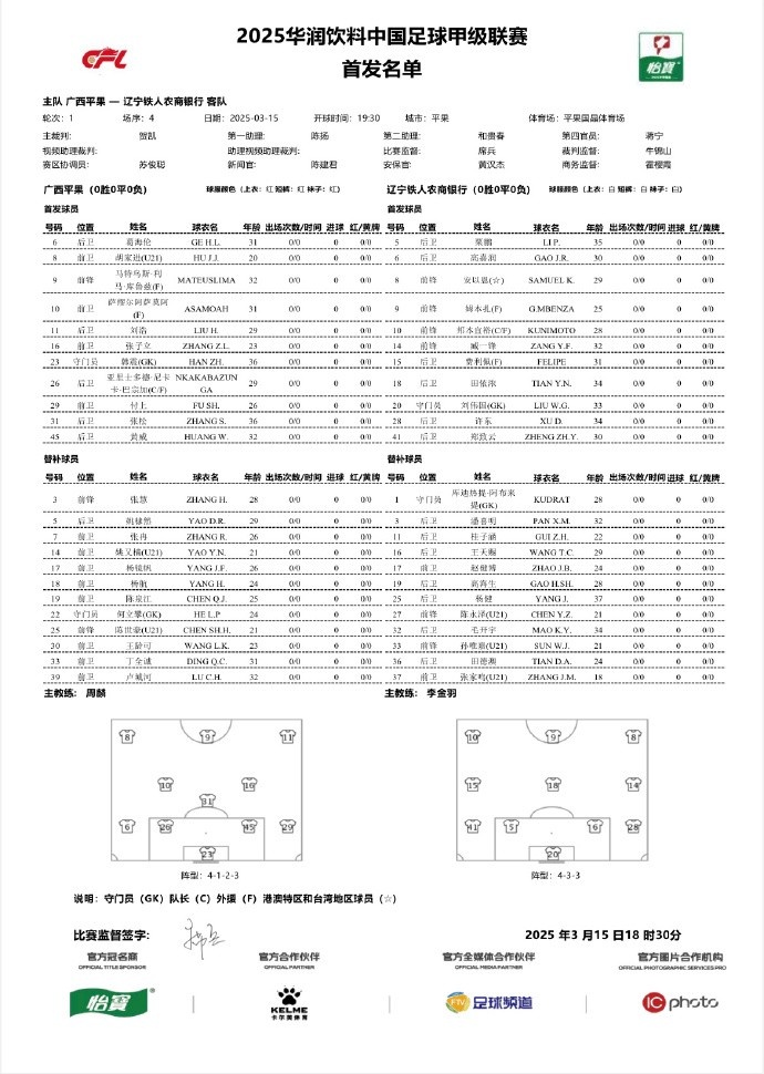  中甲-廣西平果vs遼寧鐵人首發(fā)：三外援對決三外援，安以恩出戰(zhàn)