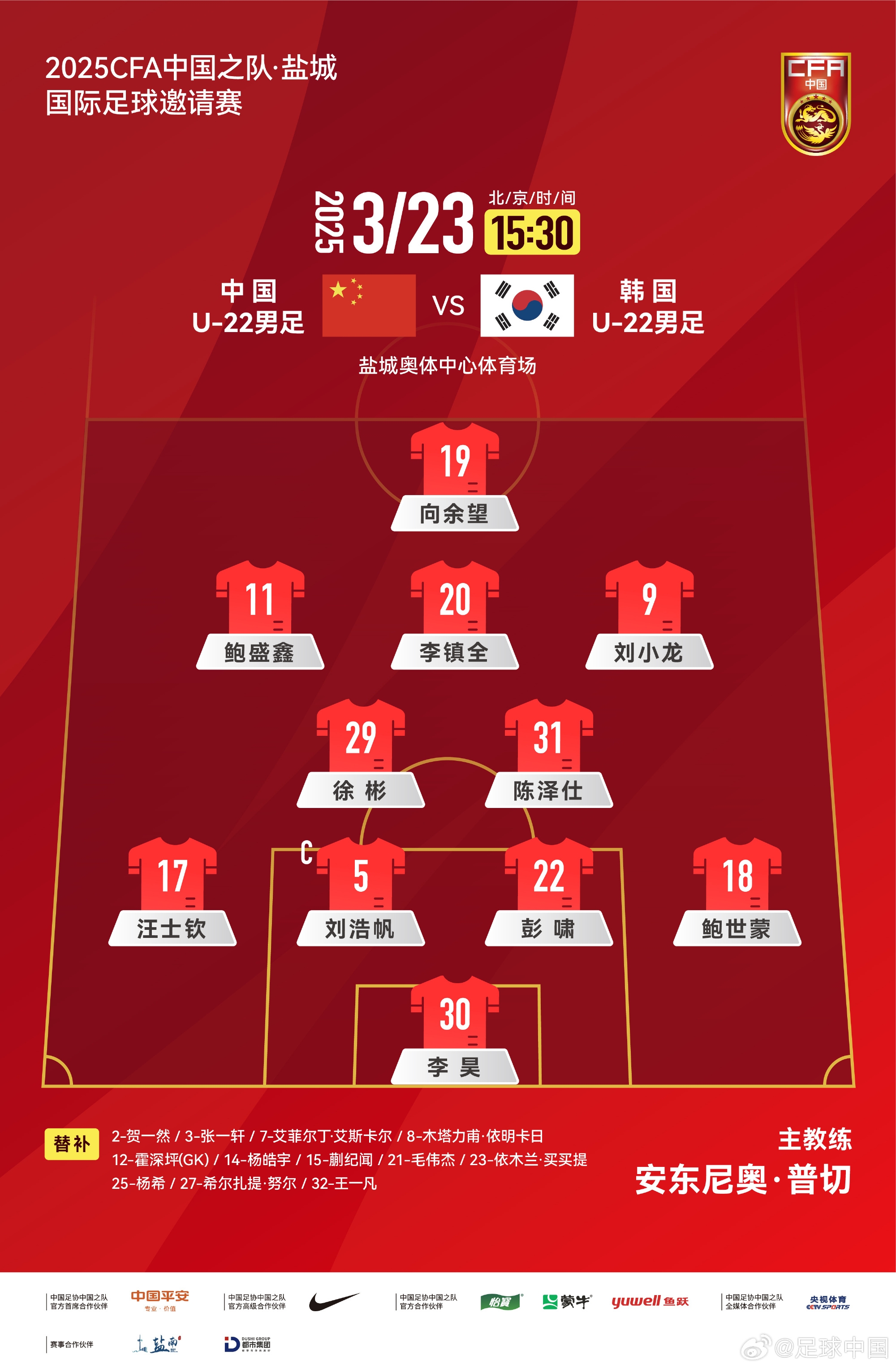  鹽城四國賽，中國U-22男足對陣韓國U-22男足，中國隊首發(fā)陣容